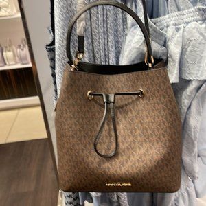 Michael Kors Suri Large Logo Bucket Drawstring Bag MK Brown Black Multi